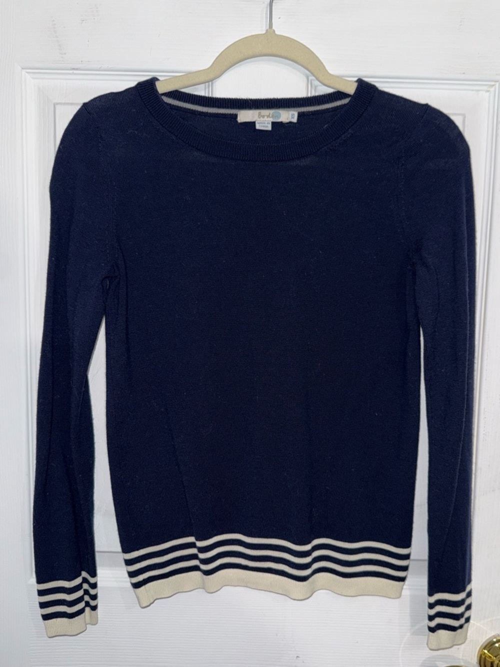 Boden Navy Wool Sweater with Ivory/White Stripe Detail XS